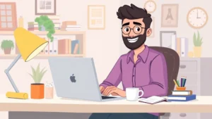 Professional freelancer sitting at home desk with laptop and coffee, smiling confidently with organized workspace, cartoon style