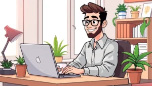 Cartoon professional freelancer working on laptop at home desk with coffee cup, plants, and natural light streaming through window, happy determined expression
