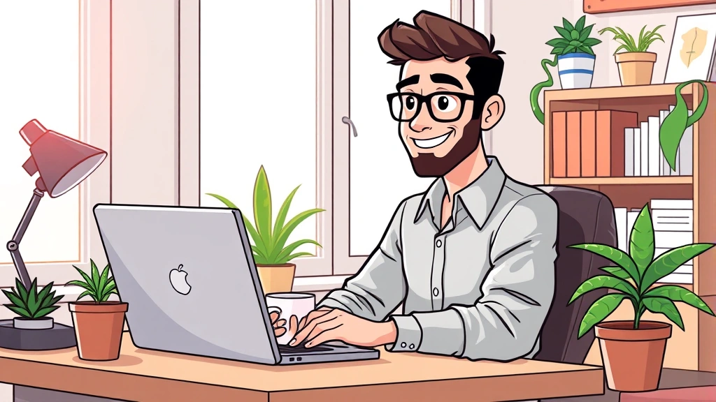 Cartoon professional freelancer working on laptop at home desk with coffee cup, plants, and natural light streaming through window, happy determined expression