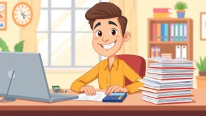 Cartoon freelancer sitting at desk with laptop, calculator, and stacks of colorful tax documents, happy expression, bright home office background
