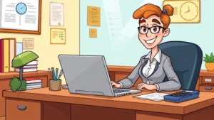 Cartoon professional at desk with laptop, calculator, and tax documents, looking confident and organized, colorful office environment, cheerful mood