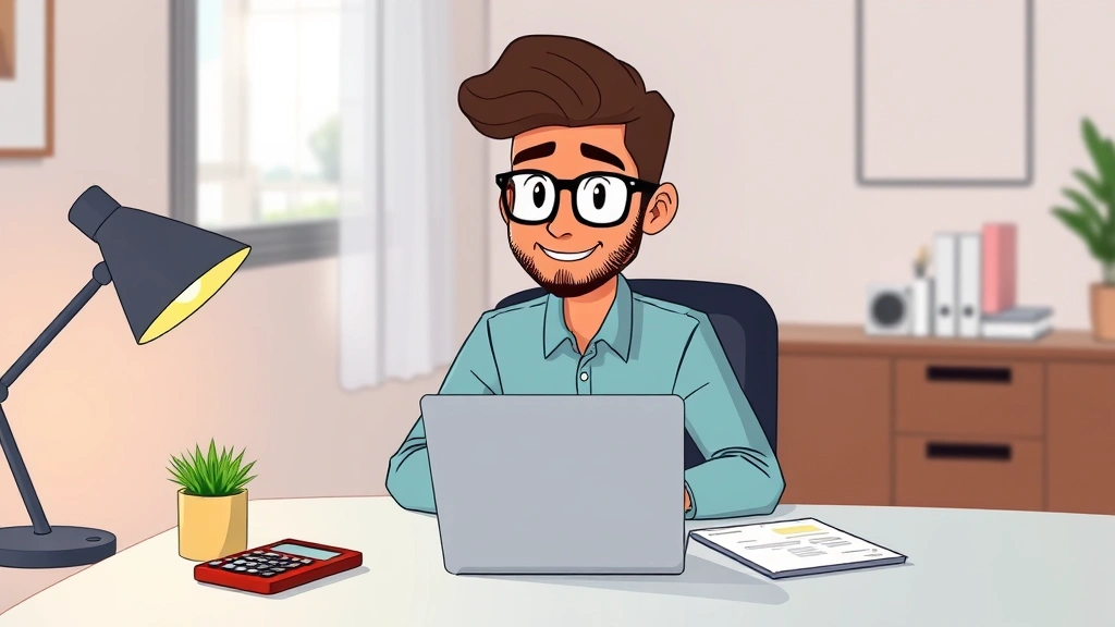 Cartoon-style professional freelancer sitting at clean desk with laptop, invoice document, and calculator visible, warm home office lighting, modern minimalist workspace