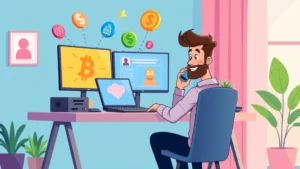 Cartoon professional sitting at desk with multiple laptop screens and phone, colorful floating icons representing different income streams, remote work setup with plants and comfortable environment
