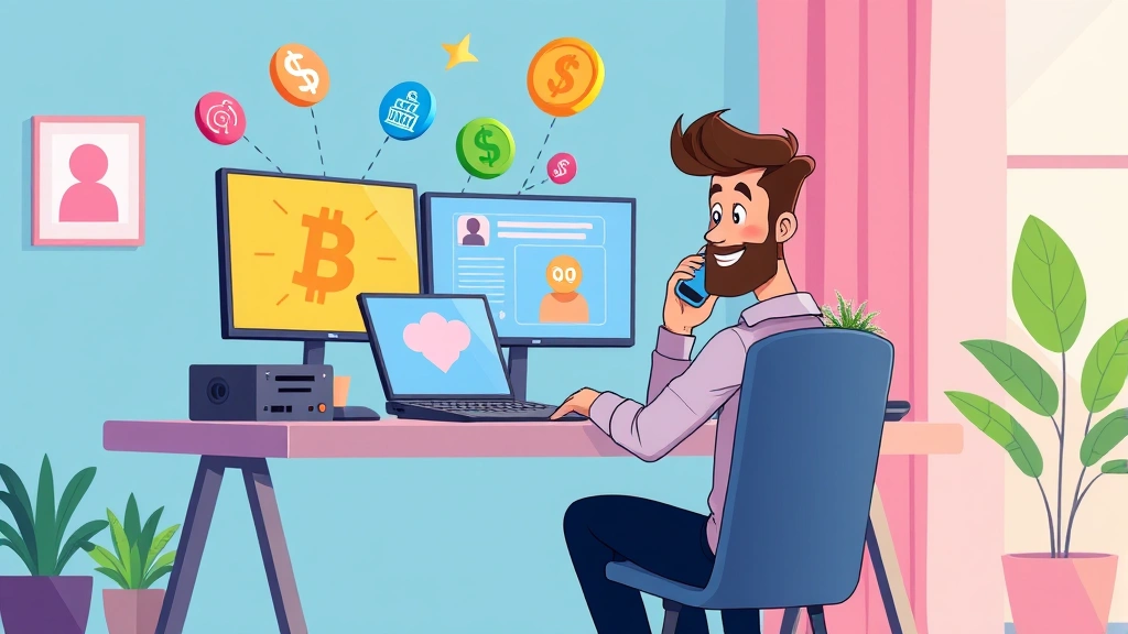 Cartoon professional sitting at desk with multiple laptop screens and phone, colorful floating icons representing different income streams, remote work setup with plants and comfortable environment