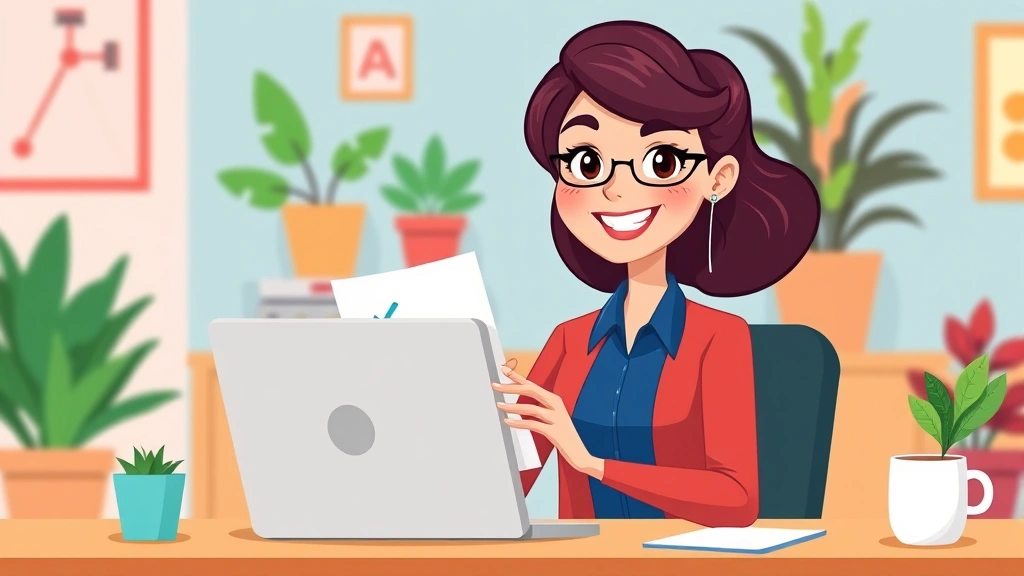 Cartoon professional woman sitting at desk with laptop, smiling, holding a checklist, colorful home office background with plants and coffee cup, vibrant warm colors, friendly approachable style