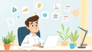 Cartoon professional contractor sitting at desk with laptop, multiple client logos floating above, calendar and invoice icons visible, bright workspace with plants and coffee mug