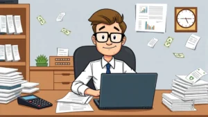 Cartoon professional sitting at desk with calculator, tax forms, and laptop, surrounded by dollar bills and receipts, looking focused and organized