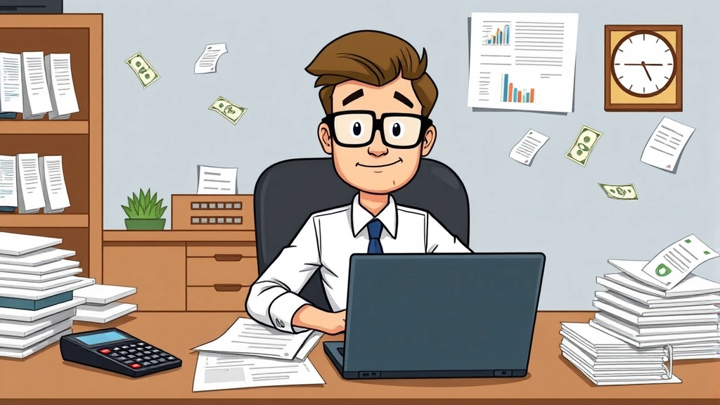 Cartoon professional sitting at desk with calculator, tax forms, and laptop, surrounded by dollar bills and receipts, looking focused and organized
