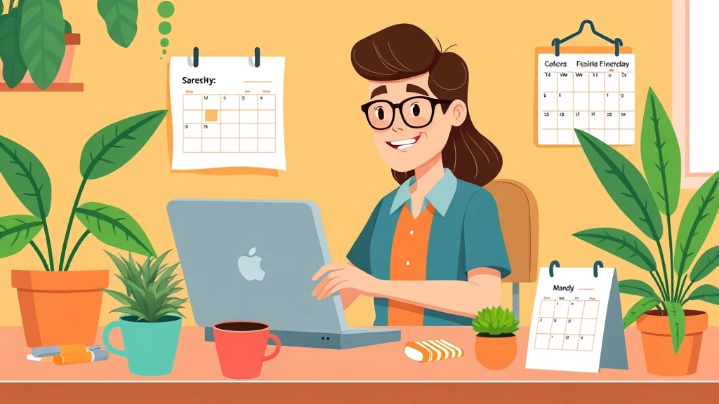 Cartoon professional freelancer working on laptop at home desk surrounded by plants, coffee cup, and calendar showing flexible schedule. Bright, motivational style with warm colors.