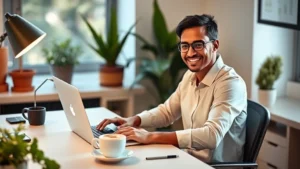 Professional freelancer working on laptop at modern desk with coffee, smiling confidently, home office setting with plants and natural lighting