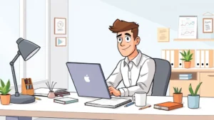 Professional independent contractor sitting at modern desk with laptop, notebook, and coffee cup, surrounded by productivity tools, focused expression, bright workspace with natural light, cartoon illustration
