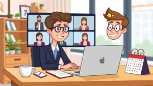 Cartoon professional sitting at desk with laptop, multiple client video call windows on screen, coffee mug, notebook, and calendar visible, bright home office setting, cheerful expression