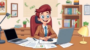 Cartoon professional sitting at home office desk with laptop, calculator, and tax documents spread around, smiling confidently with dollar bills floating nearby