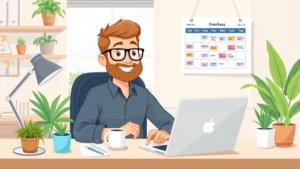 Cartoon professional freelancer sitting at desk with laptop, coffee cup, and calendar showing diverse income streams, bright workspace with plants, confident expression