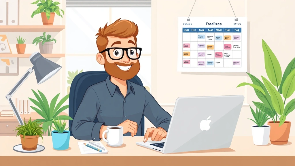 Cartoon professional freelancer sitting at desk with laptop, coffee cup, and calendar showing diverse income streams, bright workspace with plants, confident expression