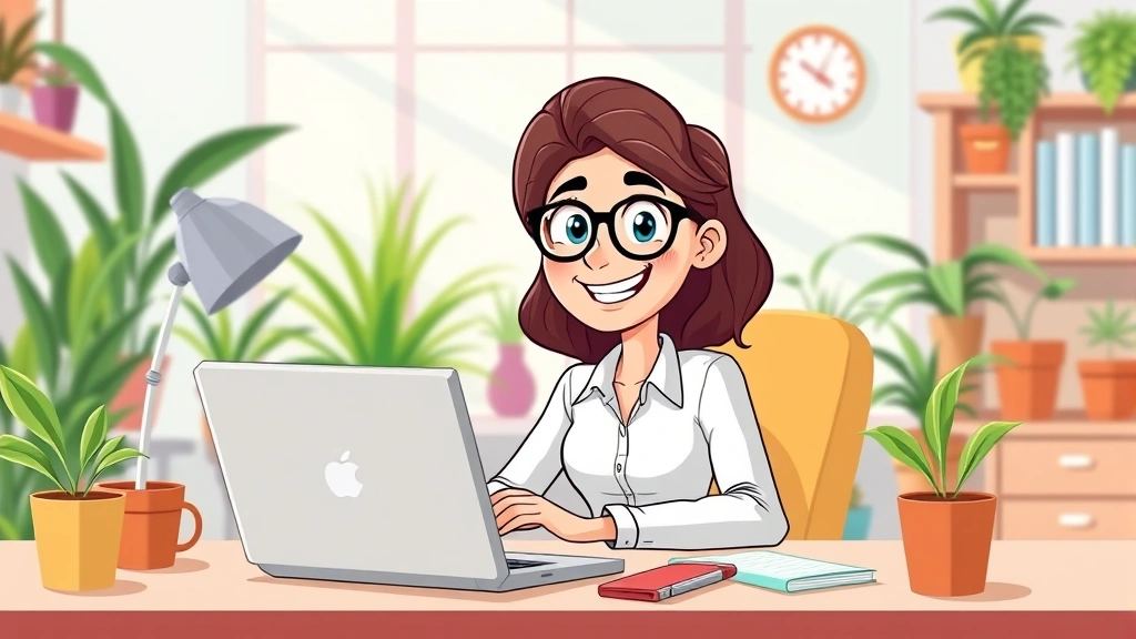 Cartoon professional freelancer working at desk with laptop and coffee, smiling confidently, colorful home office background with plants and natural light
