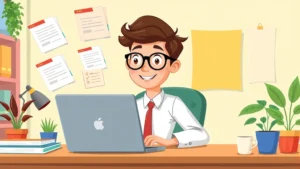 Cartoon professional sitting at desk with laptop and multiple project folders floating around, looking organized and confident, colorful workspace with plants and coffee mug