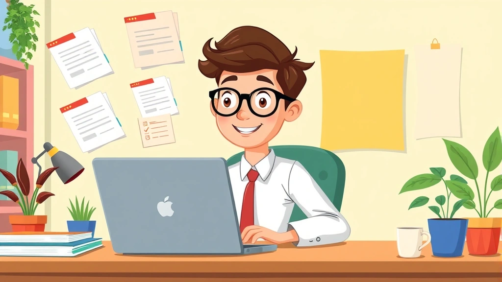 Cartoon professional sitting at desk with laptop and multiple project folders floating around, looking organized and confident, colorful workspace with plants and coffee mug