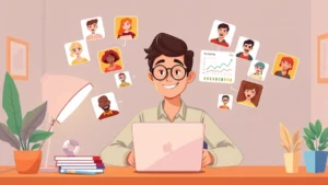 Cartoon illustration of diverse freelancer sitting at desk with multiple client profiles floating around, laptop screen showing income charts, warm professional colors, energetic atmosphere