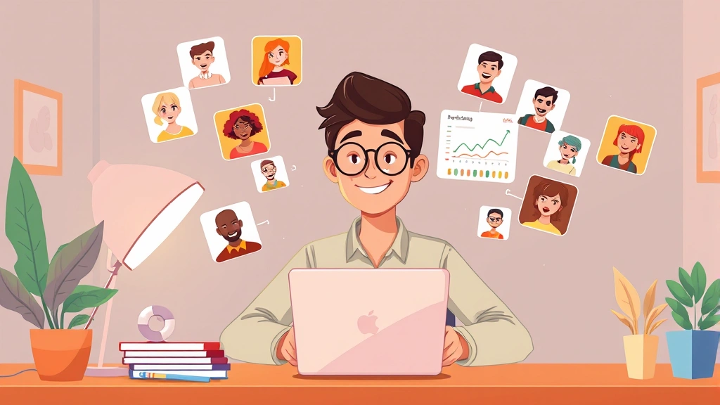 Cartoon illustration of diverse freelancer sitting at desk with multiple client profiles floating around, laptop screen showing income charts, warm professional colors, energetic atmosphere