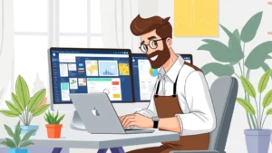 Professional contractor working at laptop with multiple project management windows open, colorful interface displays, modern home office with plants, diverse character focused and productive, cartoon style illustration