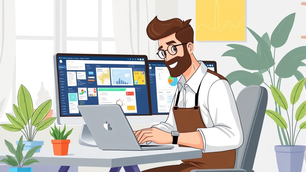 Professional contractor working at laptop with multiple project management windows open, colorful interface displays, modern home office with plants, diverse character focused and productive, cartoon style illustration