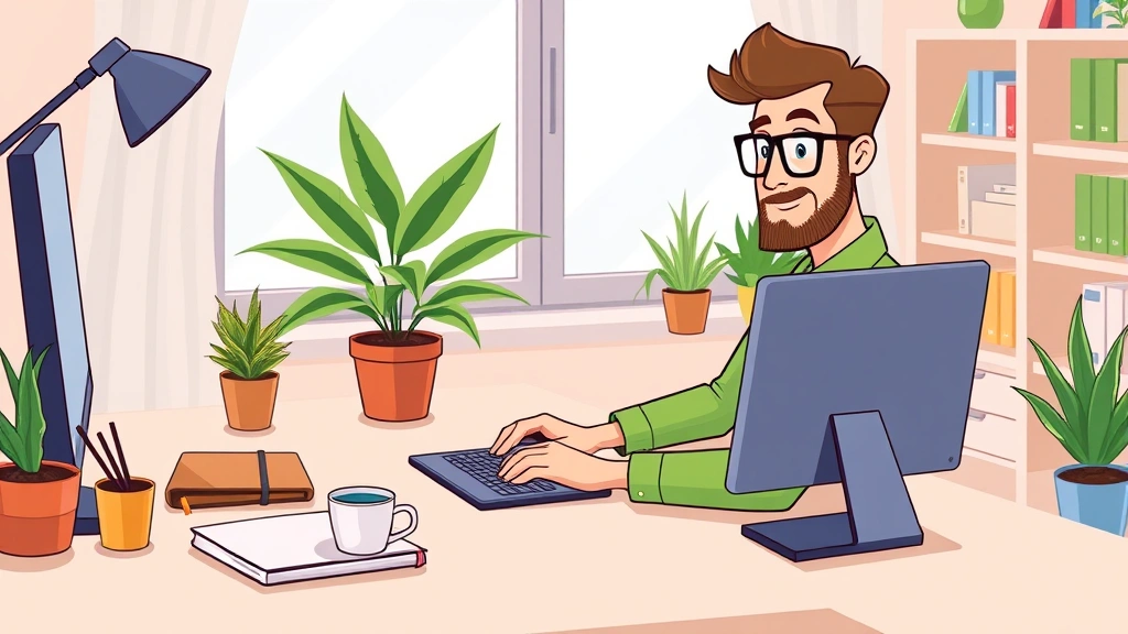 Professional independent contractor working on laptop at home office desk with coffee and notebook, cartoon style, bright colors, focused expression, modern workspace with plants