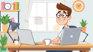 Cartoon freelancer sitting at home desk with laptop, calendar, and coffee cup, smiling confidently while working on multiple projects simultaneously