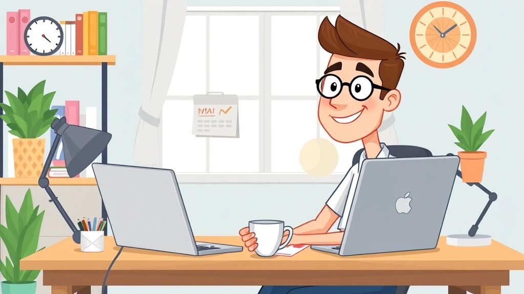 Cartoon freelancer sitting at home desk with laptop, calendar, and coffee cup, smiling confidently while working on multiple projects simultaneously