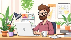 Cartoon professional freelancer sitting at desk with laptop, multiple project windows open, coffee cup, calendar showing scheduled work, bright energetic workspace with plants and organized notes
