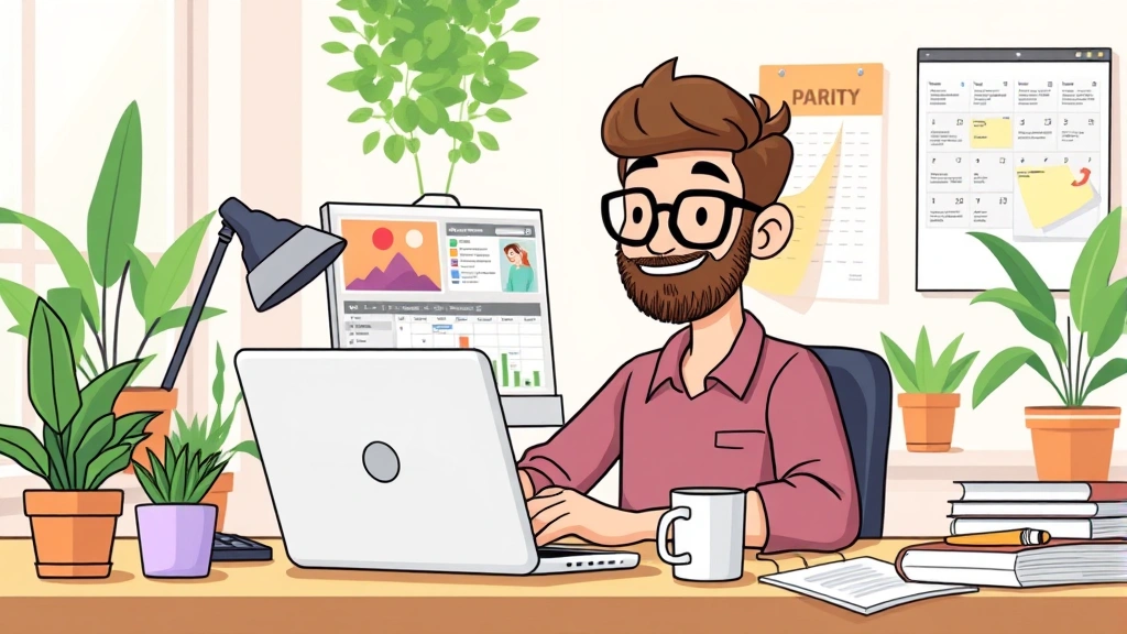 Cartoon professional freelancer sitting at desk with laptop, multiple project windows open, coffee cup, calendar showing scheduled work, bright energetic workspace with plants and organized notes