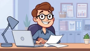 Cartoon freelancer sitting at desk with laptop, calendar, and invoice papers, smiling while managing multiple client projects, professional home office setting