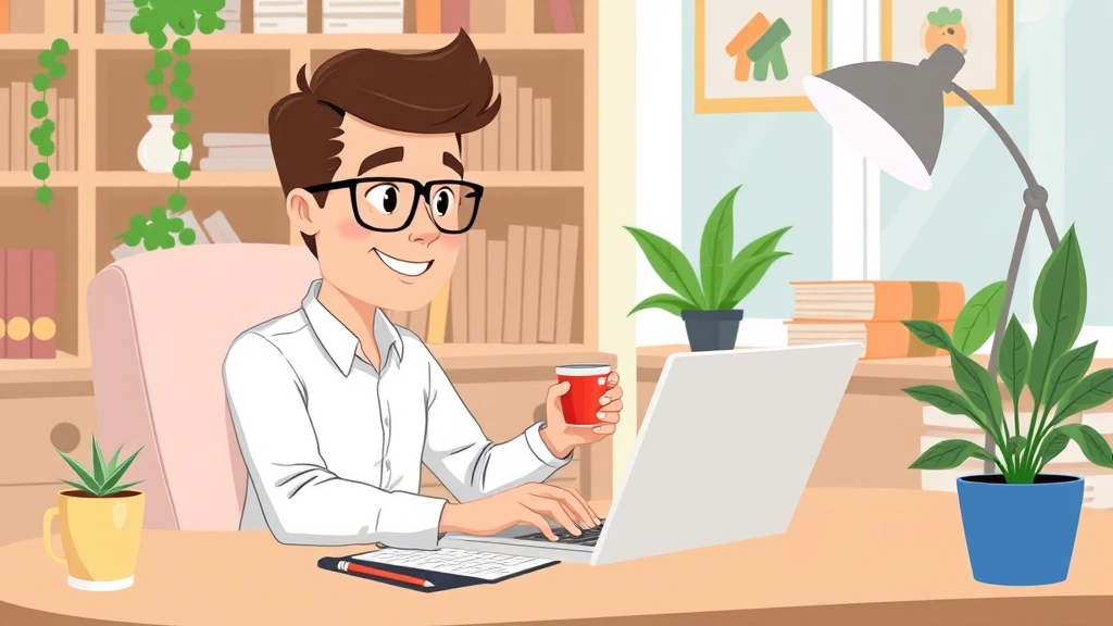 Cartoon professional contractor working on laptop at home desk with coffee cup, plants, and freelance project files visible, representing independent 1099 contractor lifestyle