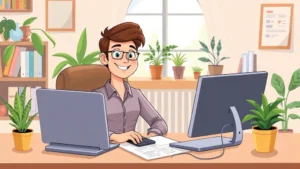 Cartoon illustration of a freelancer sitting at a desk with a laptop, calculator, and tax documents, smiling confidently while managing their business from a home office with plants and natural lighting