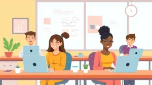 Cartoon illustration of diverse professionals working independently on laptops and projects, sitting at desks with coffee cups, flexible work environment, bright colors, no text