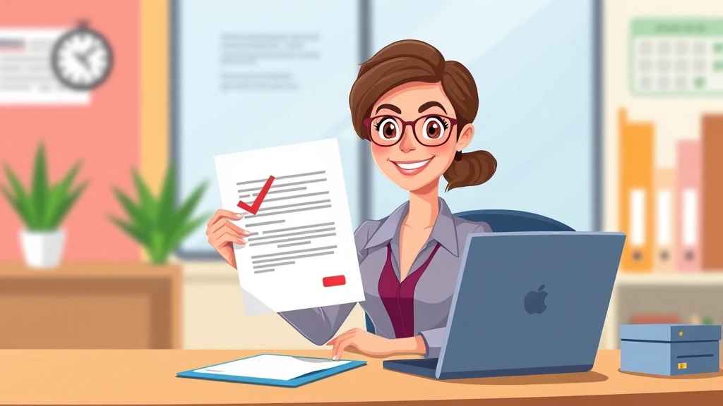 Cartoon professional woman holding a contract document with a checkmark, sitting at a desk with a laptop, confident expression, colorful office background