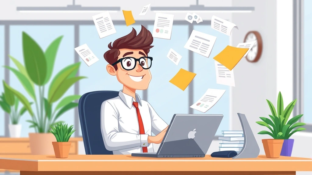 Cartoon professional freelancer sitting at desk with laptop, smiling confidently while juggling multiple project files and documents floating around, bright modern office setting with plants, colorful and energetic style