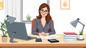 Professional woman sitting at home office desk with laptop, calculator, and tax documents, organized and focused, modern minimalist workspace with natural lighting, cartoon style illustration