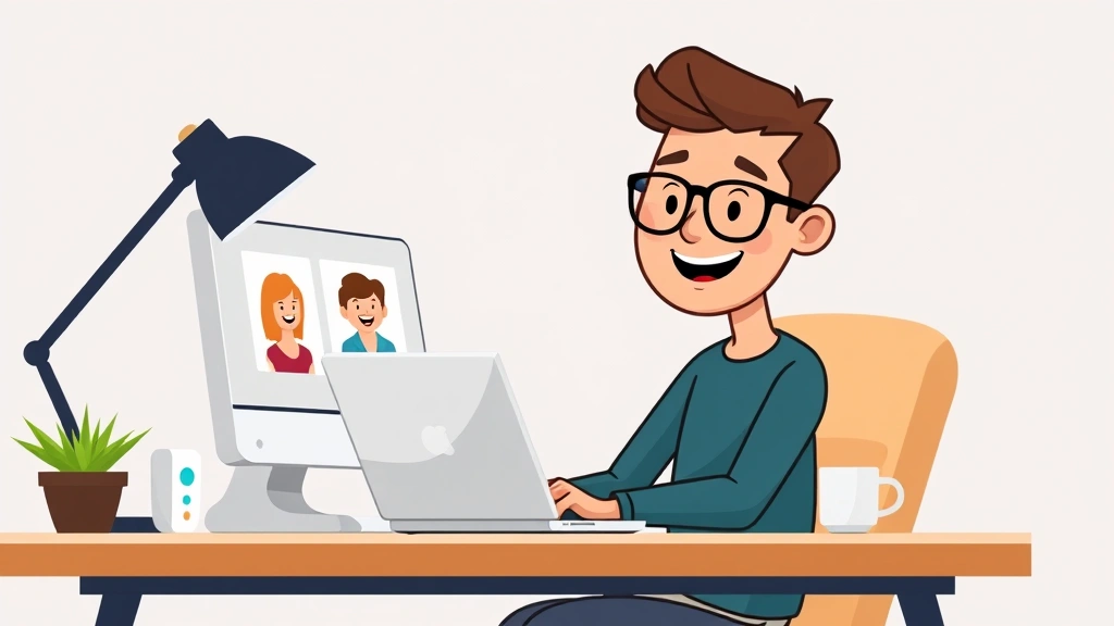 Cartoon freelancer sitting at home desk with laptop, smiling, coffee cup beside them, multiple clients shown as happy faces on computer screen, modern minimalist office setup