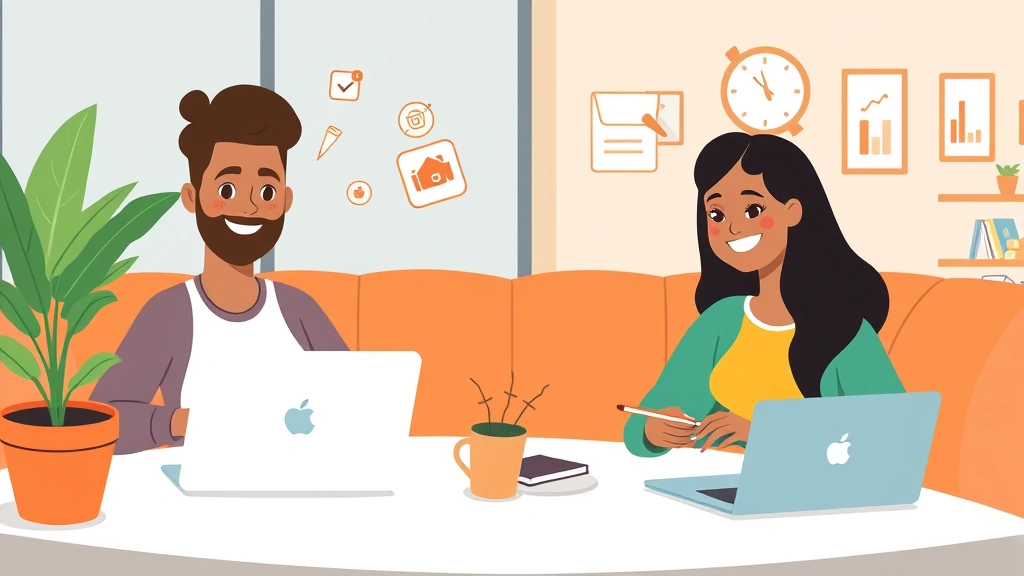Cartoon illustration of diverse freelancers working on laptops from coffee shops and home offices, smiling with productivity symbols floating around them