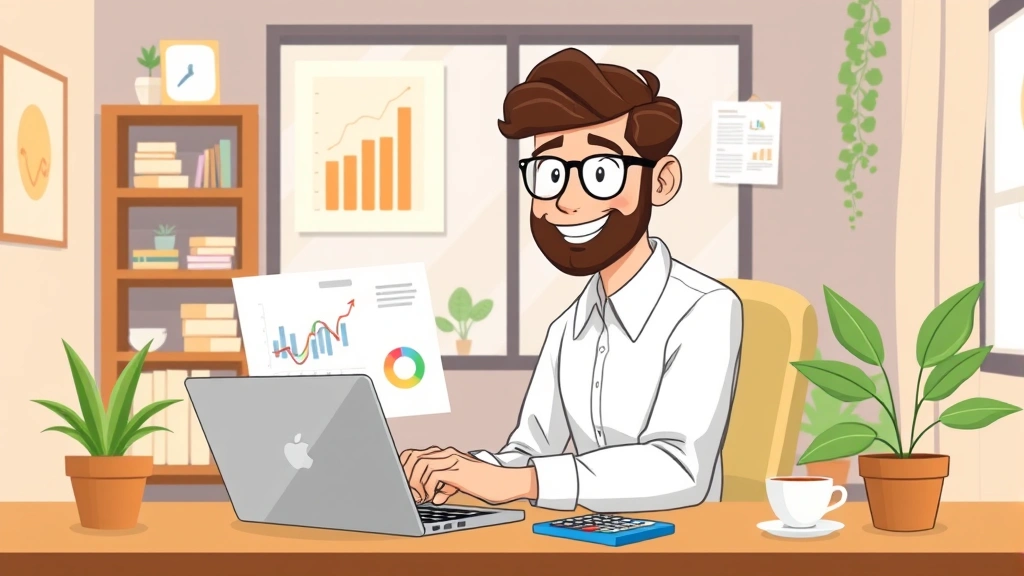 Cartoon professional freelancer working at laptop with financial charts and calculator, happy confident expression, home office setting with plants and coffee cup