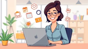 Cartoon professional woman working at laptop with flexible schedule icons floating around, bright colors, modern office setting, happy expression, representing independence and freedom
