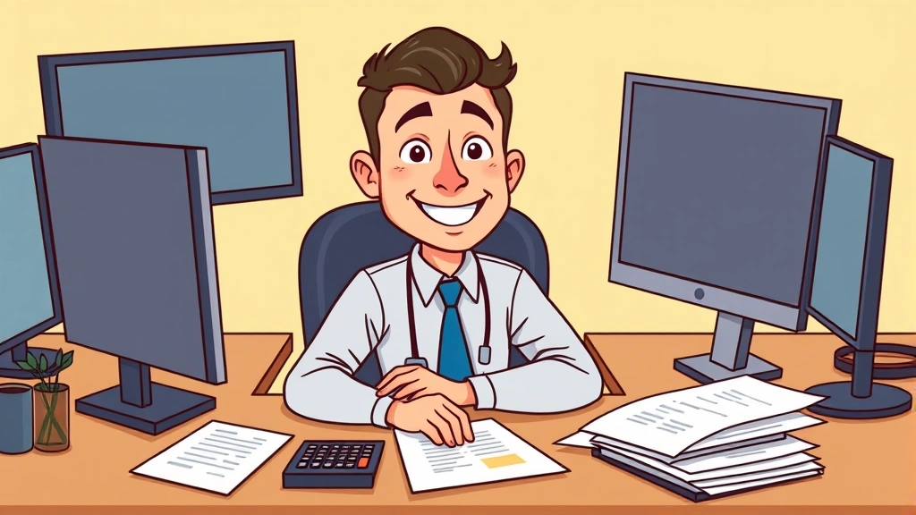 Cartoon professional sitting at desk with multiple computer monitors, smiling confidently with papers and calculator around, representing independent contractor work and financial management