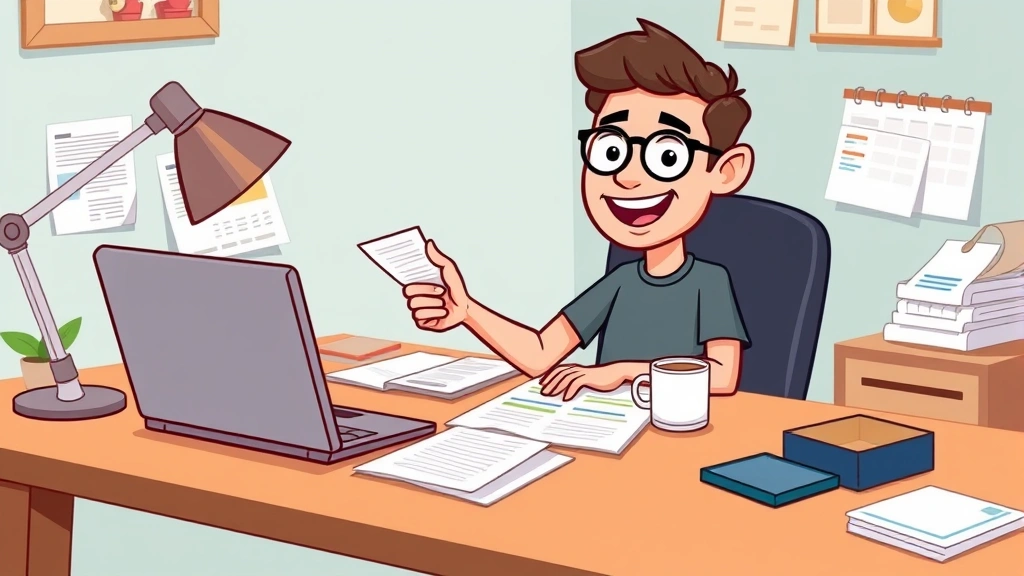 Cartoon freelancer sitting at desk with laptop, coffee cup, and calendar, smiling confidently while looking at multiple project documents spread around workspace