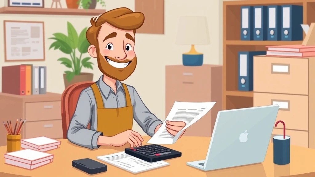Cartoon professional contractor working at home desk with laptop, calculator, and tax documents, cheerful expression, organized workspace with filing cabinet