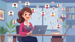 Cartoon professional woman sitting at desk with laptop, multiple client icons floating around her, diverse income streams represented by connected nodes, modern home office setup, energetic and organized atmosphere