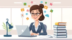 Cartoon professional woman sitting at desk with laptop, multiple project icons floating around her head, colorful contracts and documents stacked nearby, bright office setting, modern minimalist style