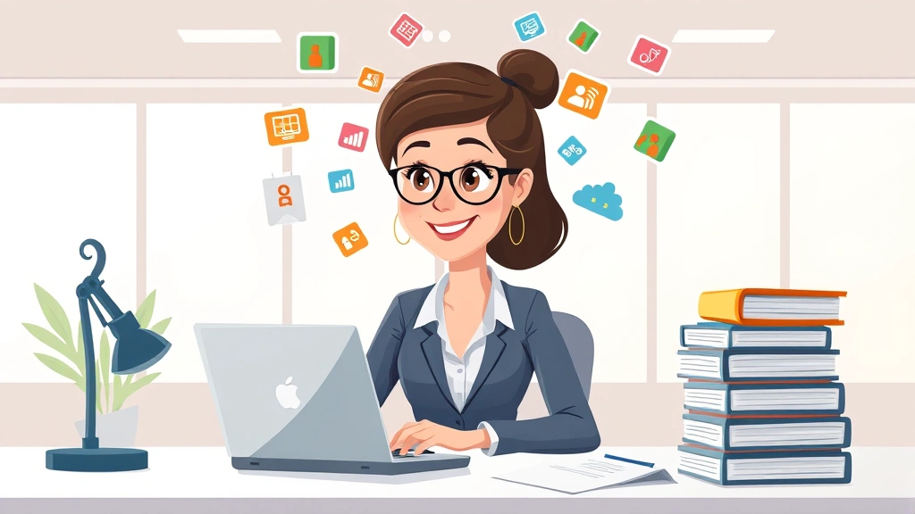 Cartoon professional woman sitting at desk with laptop, multiple project icons floating around her head, colorful contracts and documents stacked nearby, bright office setting, modern minimalist style