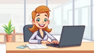 Cartoon professional sitting at desk with laptop, calculator, and financial documents, smiling confidently, modern office setting, bright colors, friendly expression