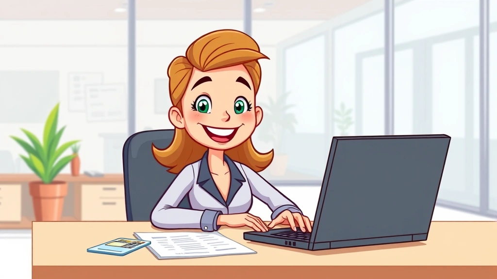 Cartoon professional sitting at desk with laptop, calculator, and financial documents, smiling confidently, modern office setting, bright colors, friendly expression